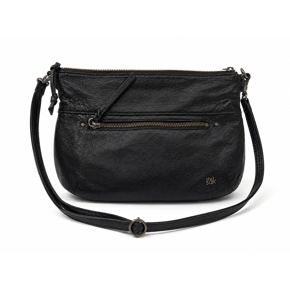 The Sak Black Leather Crossbody Bag Zip Top Front Pocket Boho Purse